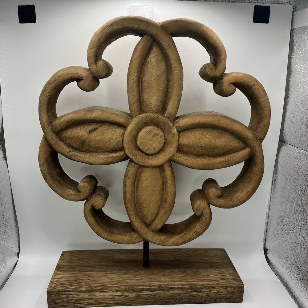 Wooden Flower Sculpture On Stand 14x11x4" Rustic Brown